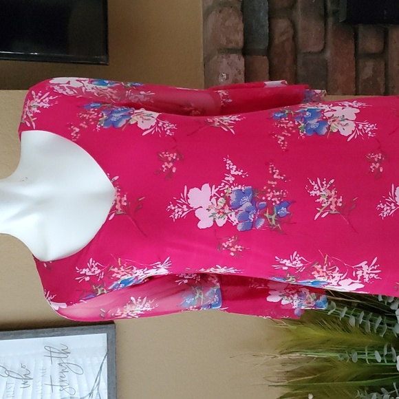 ALLISON BRITTNEY Pink Floral Mesh Overlay Bell Sleeve Dress SIZE: S - Picture 3 of 10